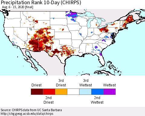 United States Precipitation Rank since 1981, 10-Day (CHIRPS) Thematic Map For 8/6/2020 - 8/15/2020