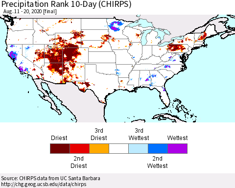 United States Precipitation Rank since 1981, 10-Day (CHIRPS) Thematic Map For 8/11/2020 - 8/20/2020