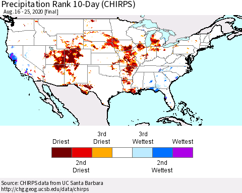 United States Precipitation Rank 10-Day (CHIRPS) Thematic Map For 8/16/2020 - 8/25/2020