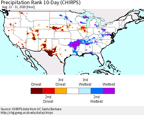 United States Precipitation Rank 10-Day (CHIRPS) Thematic Map For 8/21/2020 - 8/31/2020