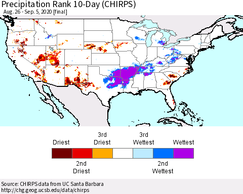 United States Precipitation Rank 10-Day (CHIRPS) Thematic Map For 8/26/2020 - 9/5/2020