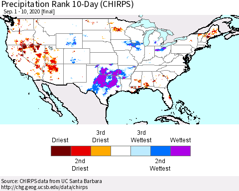 United States Precipitation Rank 10-Day (CHIRPS) Thematic Map For 9/1/2020 - 9/10/2020