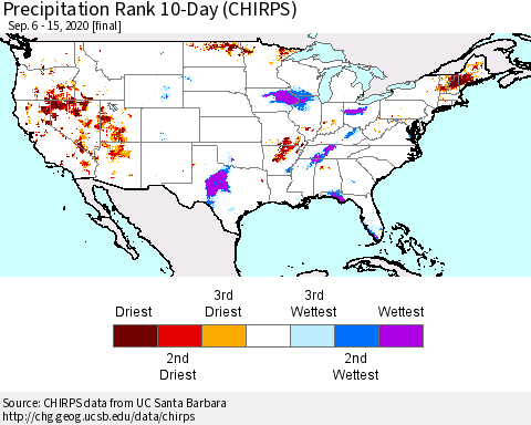 United States Precipitation Rank 10-Day (CHIRPS) Thematic Map For 9/6/2020 - 9/15/2020