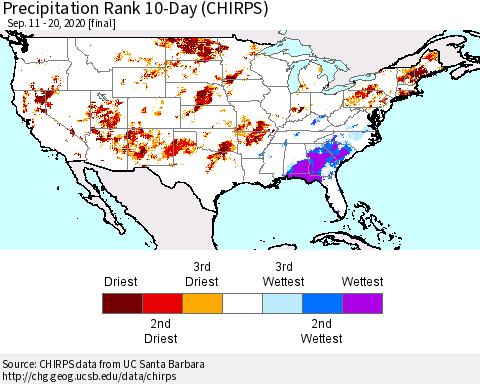 United States Precipitation Rank since 1981, 10-Day (CHIRPS) Thematic Map For 9/11/2020 - 9/20/2020
