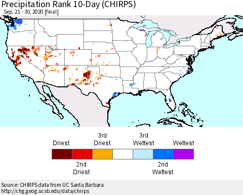 United States Precipitation Rank 10-Day (CHIRPS) Thematic Map For 9/21/2020 - 9/30/2020