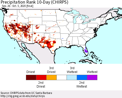 United States Precipitation Rank since 1981, 10-Day (CHIRPS) Thematic Map For 9/26/2020 - 10/5/2020