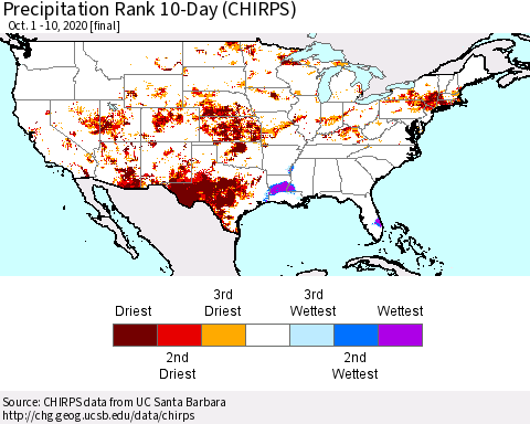 United States Precipitation Rank 10-Day (CHIRPS) Thematic Map For 10/1/2020 - 10/10/2020