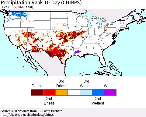 United States Precipitation Rank since 1981, 10-Day (CHIRPS) Thematic Map For 10/6/2020 - 10/15/2020