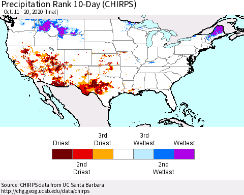 United States Precipitation Rank since 1981, 10-Day (CHIRPS) Thematic Map For 10/11/2020 - 10/20/2020