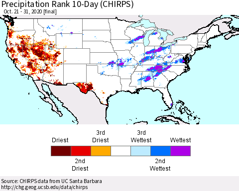 United States Precipitation Rank since 1981, 10-Day (CHIRPS) Thematic Map For 10/21/2020 - 10/31/2020