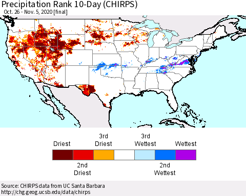 United States Precipitation Rank 10-Day (CHIRPS) Thematic Map For 10/26/2020 - 11/5/2020