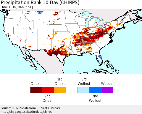 United States Precipitation Rank 10-Day (CHIRPS) Thematic Map For 11/1/2020 - 11/10/2020