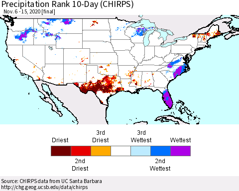 United States Precipitation Rank 10-Day (CHIRPS) Thematic Map For 11/6/2020 - 11/15/2020