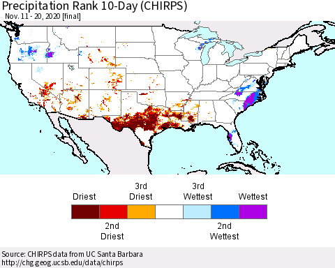 United States Precipitation Rank since 1981, 10-Day (CHIRPS) Thematic Map For 11/11/2020 - 11/20/2020