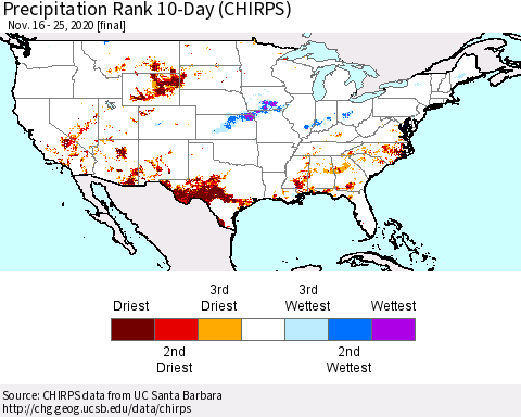 United States Precipitation Rank 10-Day (CHIRPS) Thematic Map For 11/16/2020 - 11/25/2020