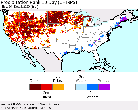 United States Precipitation Rank since 1981, 10-Day (CHIRPS) Thematic Map For 11/26/2020 - 12/5/2020