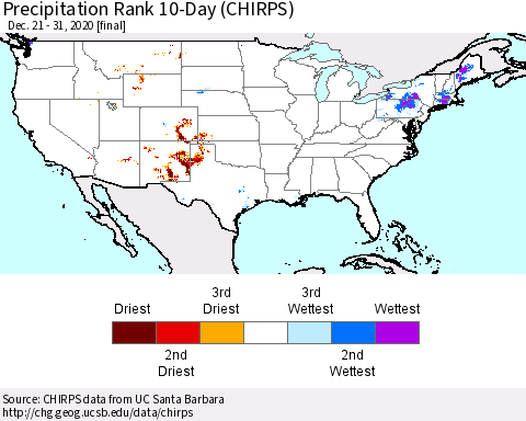 United States Precipitation Rank 10-Day (CHIRPS) Thematic Map For 12/21/2020 - 12/31/2020