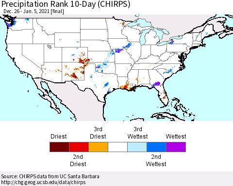 United States Precipitation Rank since 1981, 10-Day (CHIRPS) Thematic Map For 12/26/2020 - 1/5/2021