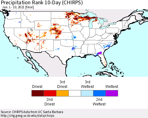 United States Precipitation Rank since 1981, 10-Day (CHIRPS) Thematic Map For 1/1/2021 - 1/10/2021
