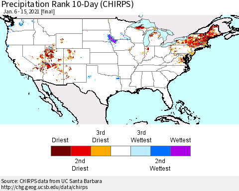 United States Precipitation Rank 10-Day (CHIRPS) Thematic Map For 1/6/2021 - 1/15/2021