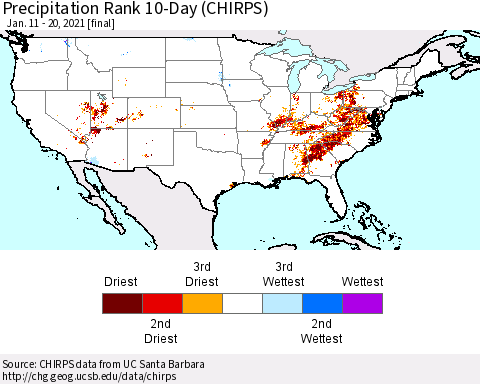 United States Precipitation Rank 10-Day (CHIRPS) Thematic Map For 1/11/2021 - 1/20/2021