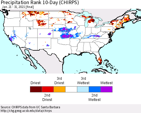 United States Precipitation Rank 10-Day (CHIRPS) Thematic Map For 1/21/2021 - 1/31/2021