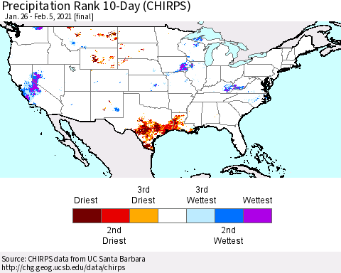 United States Precipitation Rank since 1981, 10-Day (CHIRPS) Thematic Map For 1/26/2021 - 2/5/2021