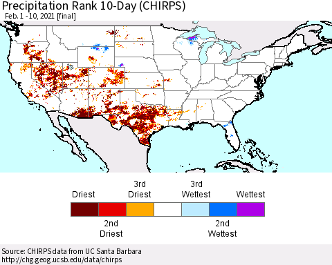 United States Precipitation Rank 10-Day (CHIRPS) Thematic Map For 2/1/2021 - 2/10/2021
