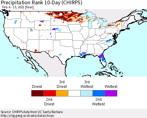 United States Precipitation Rank since 1981, 10-Day (CHIRPS) Thematic Map For 2/6/2021 - 2/15/2021
