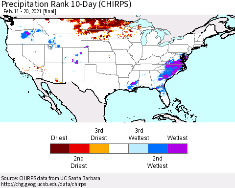 United States Precipitation Rank since 1981, 10-Day (CHIRPS) Thematic Map For 2/11/2021 - 2/20/2021