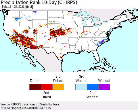 United States Precipitation Rank 10-Day (CHIRPS) Thematic Map For 2/16/2021 - 2/25/2021