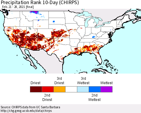 United States Precipitation Rank since 1981, 10-Day (CHIRPS) Thematic Map For 2/21/2021 - 2/28/2021