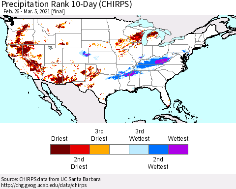 United States Precipitation Rank since 1981, 10-Day (CHIRPS) Thematic Map For 2/26/2021 - 3/5/2021