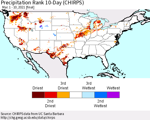 United States Precipitation Rank 10-Day (CHIRPS) Thematic Map For 3/1/2021 - 3/10/2021