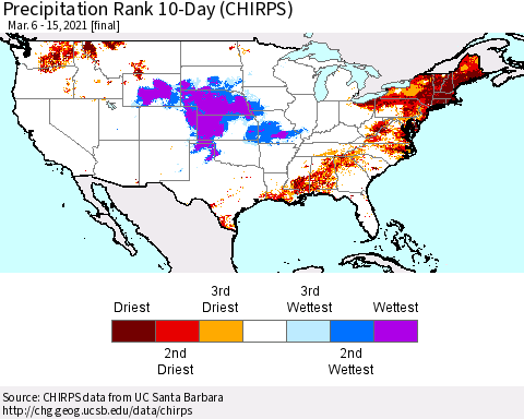 United States Precipitation Rank since 1981, 10-Day (CHIRPS) Thematic Map For 3/6/2021 - 3/15/2021