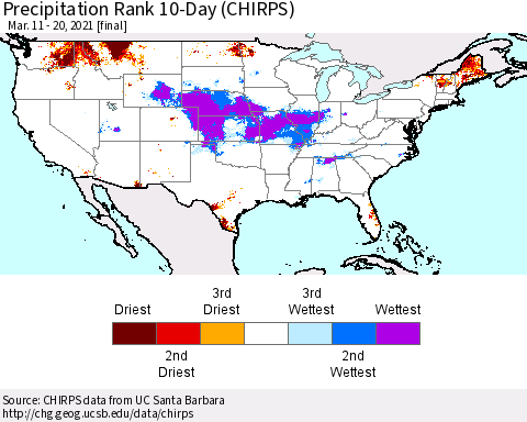 United States Precipitation Rank since 1981, 10-Day (CHIRPS) Thematic Map For 3/11/2021 - 3/20/2021