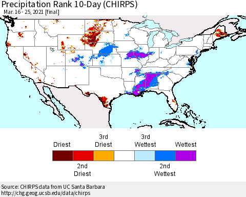 United States Precipitation Rank since 1981, 10-Day (CHIRPS) Thematic Map For 3/16/2021 - 3/25/2021