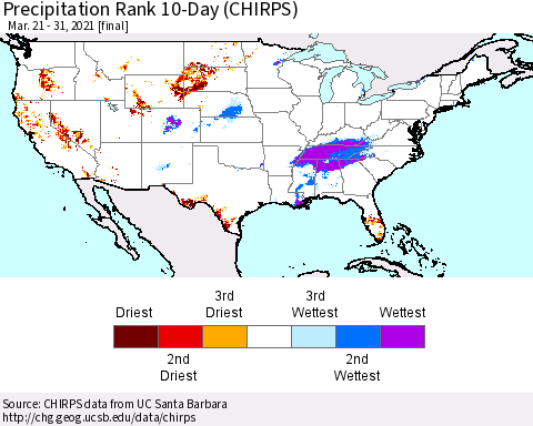 United States Precipitation Rank since 1981, 10-Day (CHIRPS) Thematic Map For 3/21/2021 - 3/31/2021