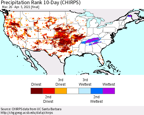 United States Precipitation Rank 10-Day (CHIRPS) Thematic Map For 3/26/2021 - 4/5/2021