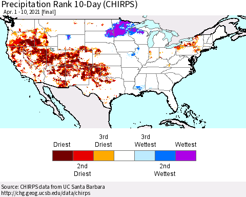 United States Precipitation Rank 10-Day (CHIRPS) Thematic Map For 4/1/2021 - 4/10/2021