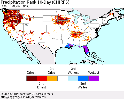 United States Precipitation Rank since 1981, 10-Day (CHIRPS) Thematic Map For 4/11/2021 - 4/20/2021