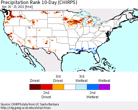 United States Precipitation Rank since 1981, 10-Day (CHIRPS) Thematic Map For 4/16/2021 - 4/25/2021