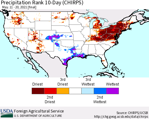United States Precipitation Rank since 1981, 10-Day (CHIRPS) Thematic Map For 5/11/2021 - 5/20/2021