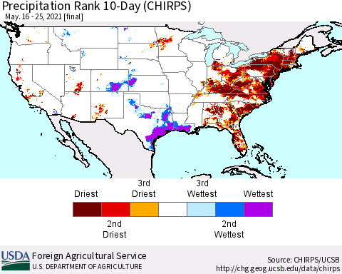 United States Precipitation Rank 10-Day (CHIRPS) Thematic Map For 5/16/2021 - 5/25/2021