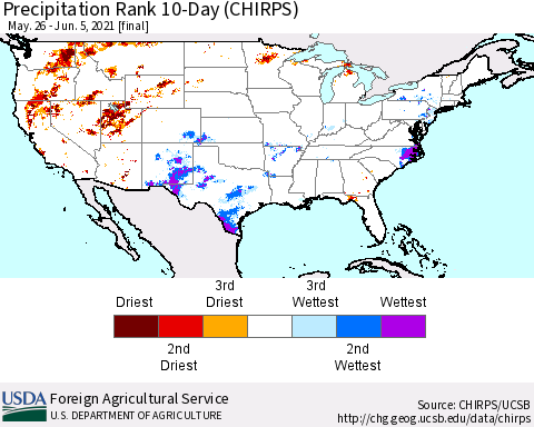United States Precipitation Rank since 1981, 10-Day (CHIRPS) Thematic Map For 5/26/2021 - 6/5/2021