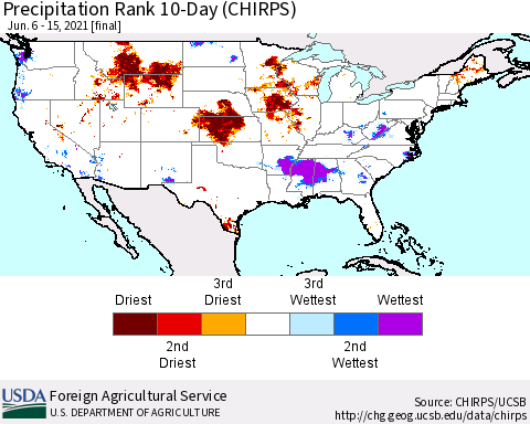 United States Precipitation Rank since 1981, 10-Day (CHIRPS) Thematic Map For 6/6/2021 - 6/15/2021