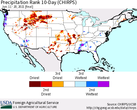 United States Precipitation Rank since 1981, 10-Day (CHIRPS) Thematic Map For 6/11/2021 - 6/20/2021