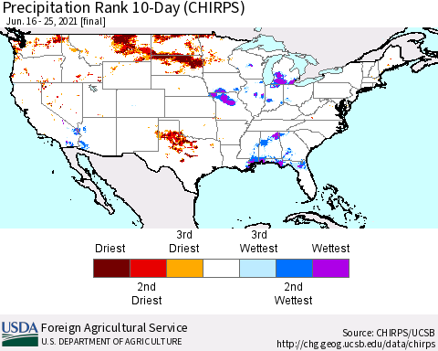 United States Precipitation Rank since 1981, 10-Day (CHIRPS) Thematic Map For 6/16/2021 - 6/25/2021