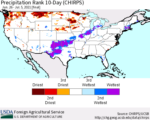 United States Precipitation Rank since 1981, 10-Day (CHIRPS) Thematic Map For 6/26/2021 - 7/5/2021