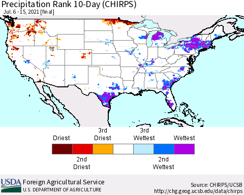 United States Precipitation Rank 10-Day (CHIRPS) Thematic Map For 7/6/2021 - 7/15/2021